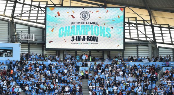 epa10643972 The scoreboard inside the stadium displays a Champions logo during the English Premier League soccer match between Manchester City and Chelsea at the Etihad in Manchester, Britain, 21 May 2023.  EPA/Peter Powell EDITORIAL USE ONLY. No use with unauthorized audio, video, data, fixture lists, club/league logos or 'live' services. Online in-match use limited to 120 images, no video emulation. No use in betting, games or single club/league/player publications