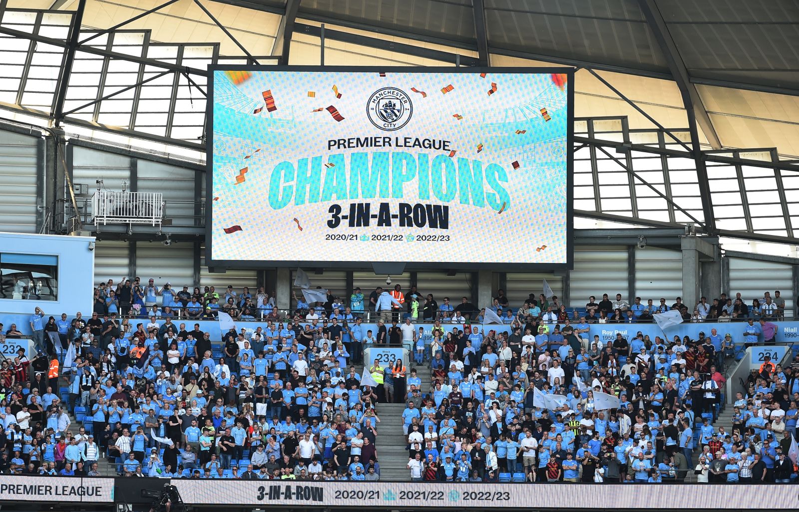 epa10643972 The scoreboard inside the stadium displays a Champions logo during the English Premier League soccer match between Manchester City and Chelsea at the Etihad in Manchester, Britain, 21 May 2023.  EPA/Peter Powell EDITORIAL USE ONLY. No use with unauthorized audio, video, data, fixture lists, club/league logos or 'live' services. Online in-match use limited to 120 images, no video emulation. No use in betting, games or single club/league/player publications