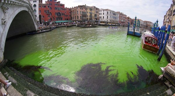 epa10659953 A picture taken with a fisheye lens shows a patch of phosphorescent green liquid seen on the Grand Canal near the Rialto Bridge, in Venice, Italy, 28 May 2023. On the morning of 28 May a patch of phosphorescent green liquid appeared in the waters of Venice, along the Grand Canal near the Rialto Bridge. Firefighters took water samples, while an urgent meeting between the police forces of the city was convened by the Prefect of Venice, as the cause is still unknown.  EPA/ANDREA MEROLA