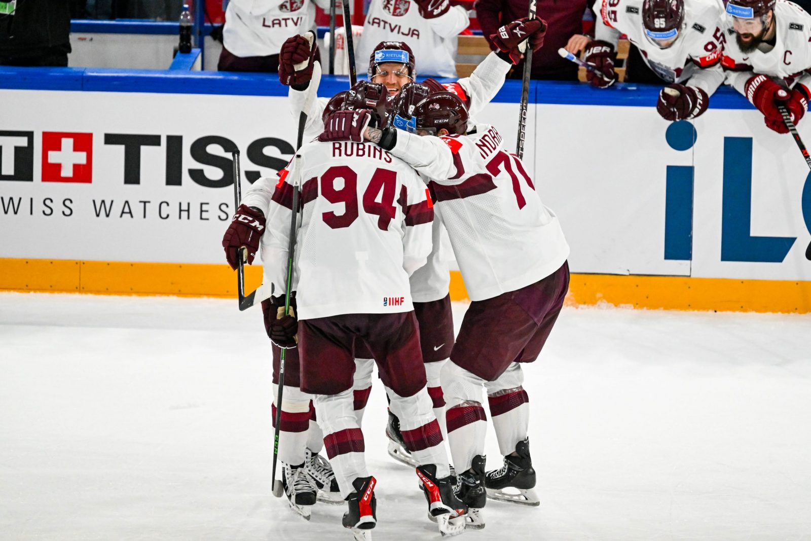 epa10660212 Team Latvia reacts during the bronze medal game between Latvia and the USA at the IIHF Ice Hockey World Championship 2023 in Tampere, Finland, 28 May 2023.  EPA/KIMMO BRANDT