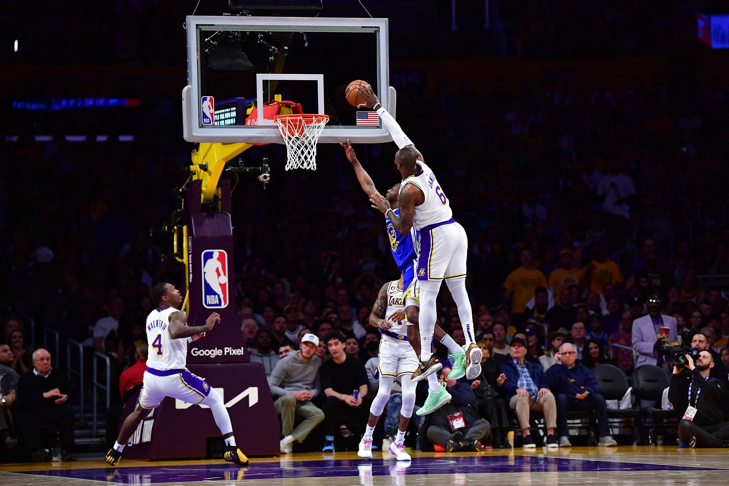 May 6, 2023; Los Angeles, California, USA; Los Angeles Lakers forward LeBron James (6) blocks the shot of Golden State Warriors forward Andrew Wiggins (22) during the first half in game three of the 2023 NBA playoffs at Crypto.com Arena. Mandatory Credit: Gary A. Vasquez-USA TODAY Sports Photo: Gary A. Vasquez/REUTERS