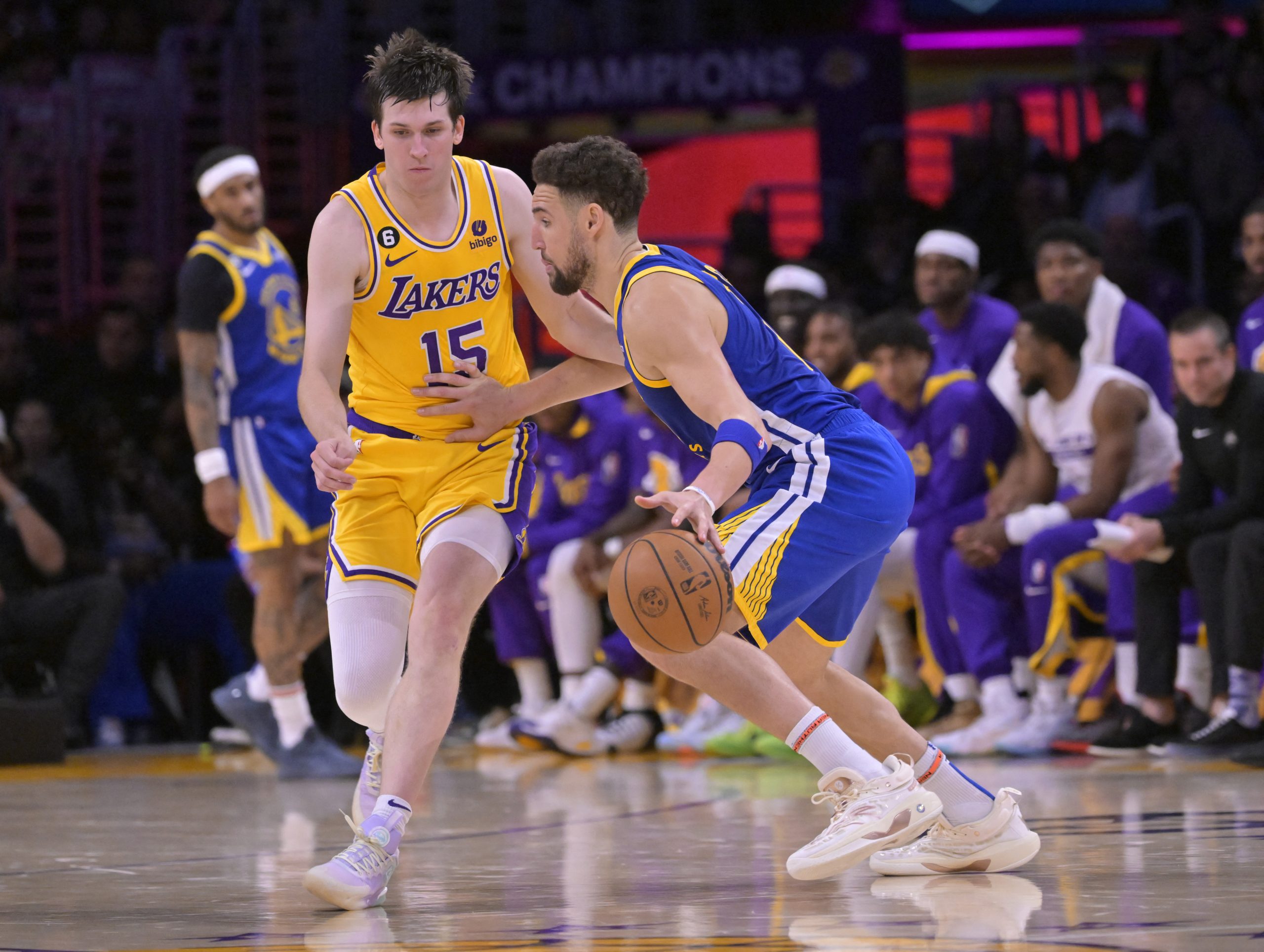 May 12, 2023; Los Angeles, California, USA;  Los Angeles Lakers guard Austin Reaves (15) guards Golden State Warriors guard Klay Thompson (11) in the second half of game six of the 2023 NBA playoffs at Crypto.com Arena. Mandatory Credit: Jayne Kamin-Oncea-USA TODAY Sports Photo: Jayne Kamin-Oncea/REUTERS