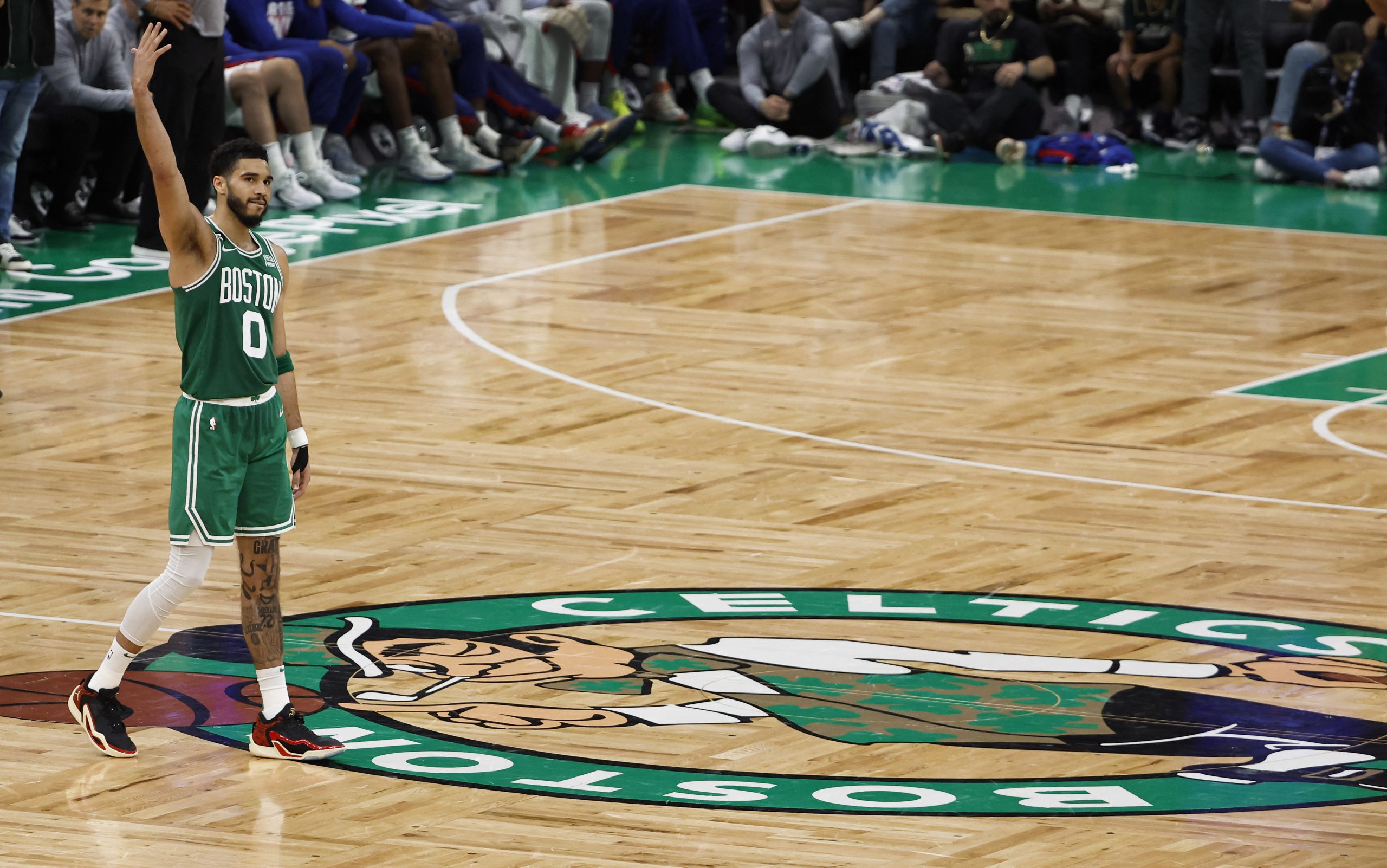 May 14, 2023; Boston, Massachusetts, USA; Boston Celtics forward Jayson Tatum (0) celebrates during the fourth quarter of their win over the Philadelphia 76ers in game seven of the 2023 NBA playoffs at TD Garden. Mandatory Credit: Winslow Townson-USA TODAY Sports Photo: Winslow Townson/REUTERS
