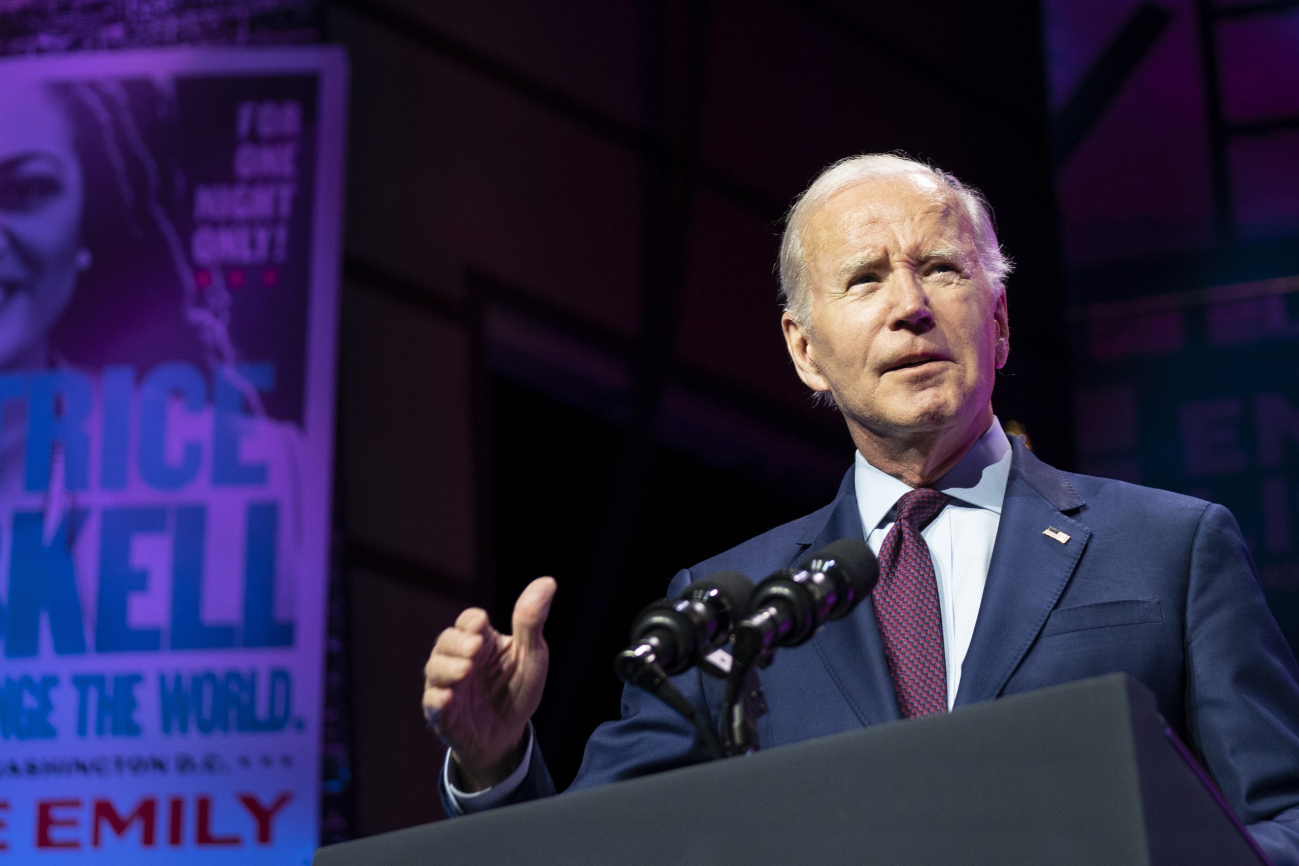 epa10632967 US President Joe Biden delivers remarks during the 2023 Emily’s List Gala at The Anthem in Washington, DC, USA, 16 May 2023.  EPA/Sarah Silbiger / POOL