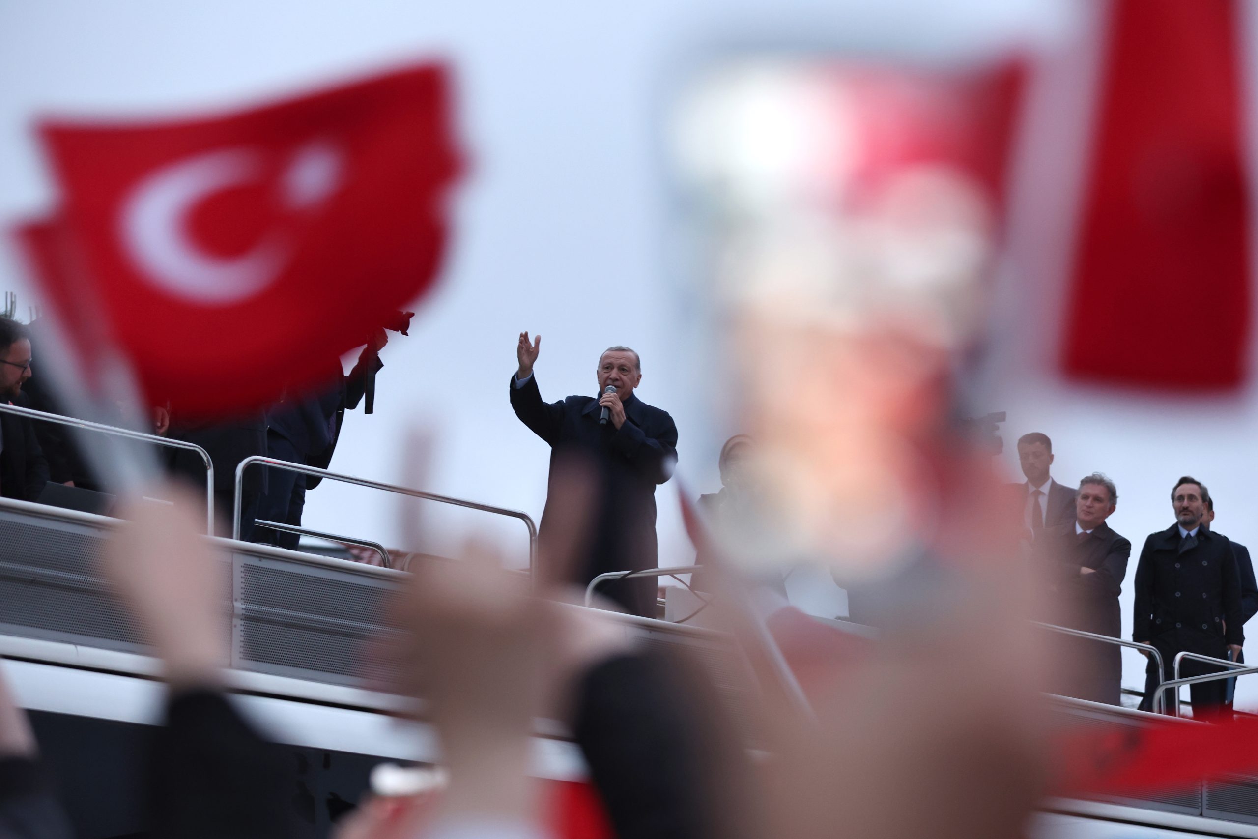 epaselect epa10660830 Turkish President Recep Tayyip Erdogan addresses supporters following the second round of the presidential elections, in Istanbul, Turkey, 28 May 2023. The second round of presidential elections between Turkish President Recep Tayyip Erdogan and his challenger Kemal Kilicdaroglu, the leader of the opposition Republican People's Party (CHP), is held 28 May.  EPA/TOLGA BOZOGLU