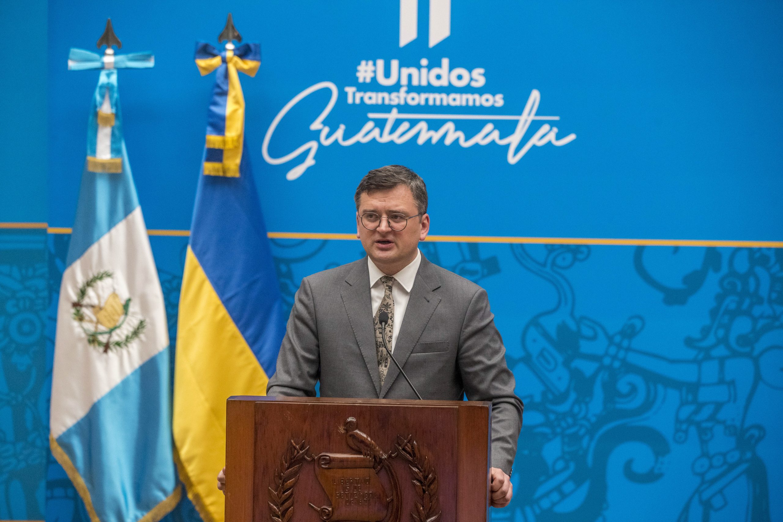 epa10621978 Ukraine's Foreign Minister Dmytro Kuleba gives a press conference at the National Palace in Guatemala City, Guatemala, 11 May 2023. The Ukrainian Foreign Minister, Dmytro Kuleba, asked the Latin American governments this 11 May, during his official visit to Guatemala, to condemn 'the Russian invasion' of his country and to support the creation of a special court for war crimes.  EPA/Esteban Biba