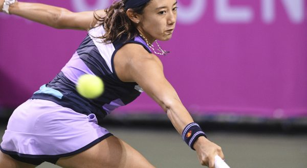 Japanese Miyu Kato hits a shot during the final of Japan Women's Open Tennis against Kazakhstan Zarina Diyas at Ariake Coliseum in Tokyo on Sep. 17, 2017. Diyas beats Kato 6-2, 7-5 to claim the title. ( The Yomiuri Shimbun via AP Images )