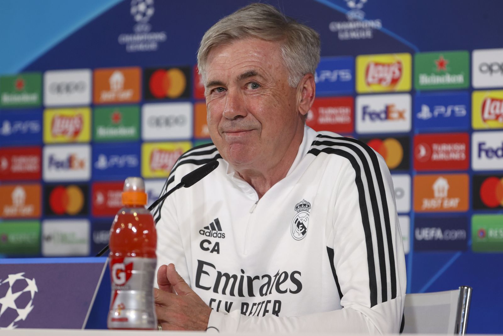 epa10615604 Real Madrid's head coach Carlo Ancelotti attends a press conference, in Madrid, Spain, 08 May 2023. Real Madrid will face Manchester City on 09 May 2023 during their UEFA Champions League semi-final first leg soccer match in Madrid.  EPA/Kiko Huesca