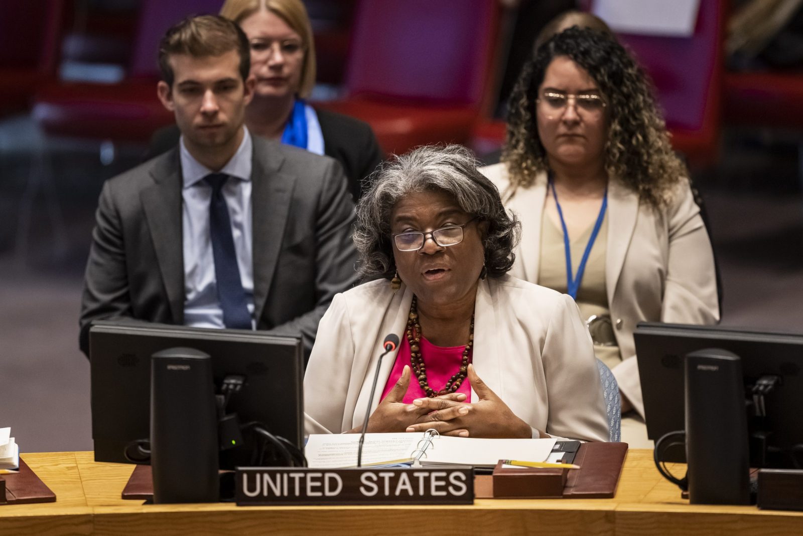 epa10650430 Representative of the United States of America in the UN Security Council UNSC Linda Thomas-Greenfield (C) addresses a Security Council briefing on the Middle East and the situation in Israel, at the UN headquarters in New York, New York, USA, 24 May 2023.  EPA/ALESSANDRO DELLA VALLE