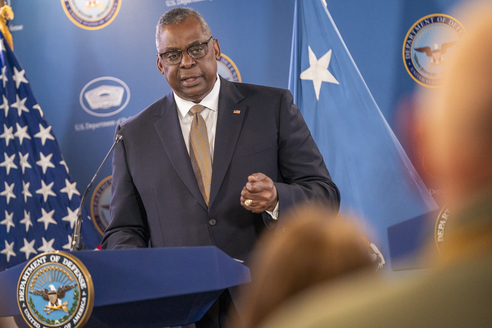 epa10653691 US Secretary of Defense Lloyd Austin responds to a question from the news media during a press conference at the Pentagon in Arlington, Virginia, USA, 25 May 2023. The press conference followed the virtual 12th meeting of the Ukraine Defense Contact Group with ministers of defense and chiefs of defense from nearly 50 nations discussing Russia's ongoing war in Ukraine and continued coordination for Ukraine's sovereignty.  EPA/SHAWN THEW