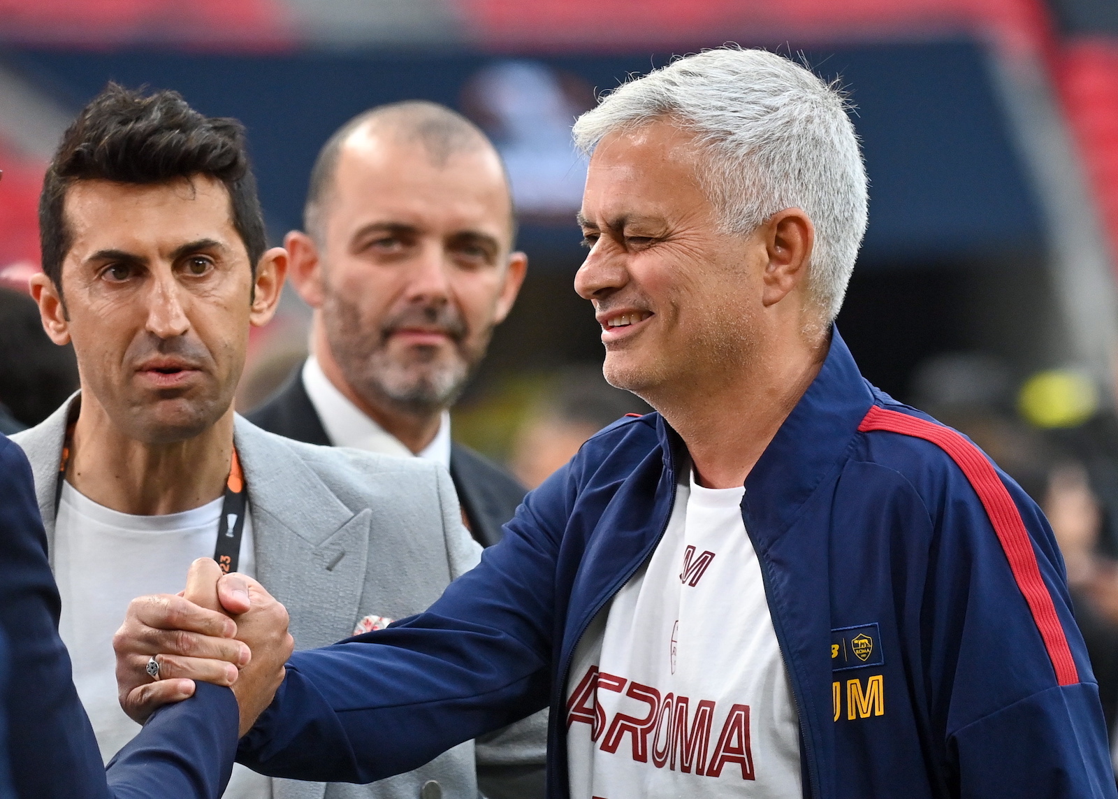 epa10663629 Head coach Jose Mourinho of AS Roma winks during a training session in Budapest, Hungary, 30 May 2023. AS Roma will face Sevilla FC in the UEFA Europa League final in Budapest on 31 May 2023.  EPA/ANNA SZILAGYI