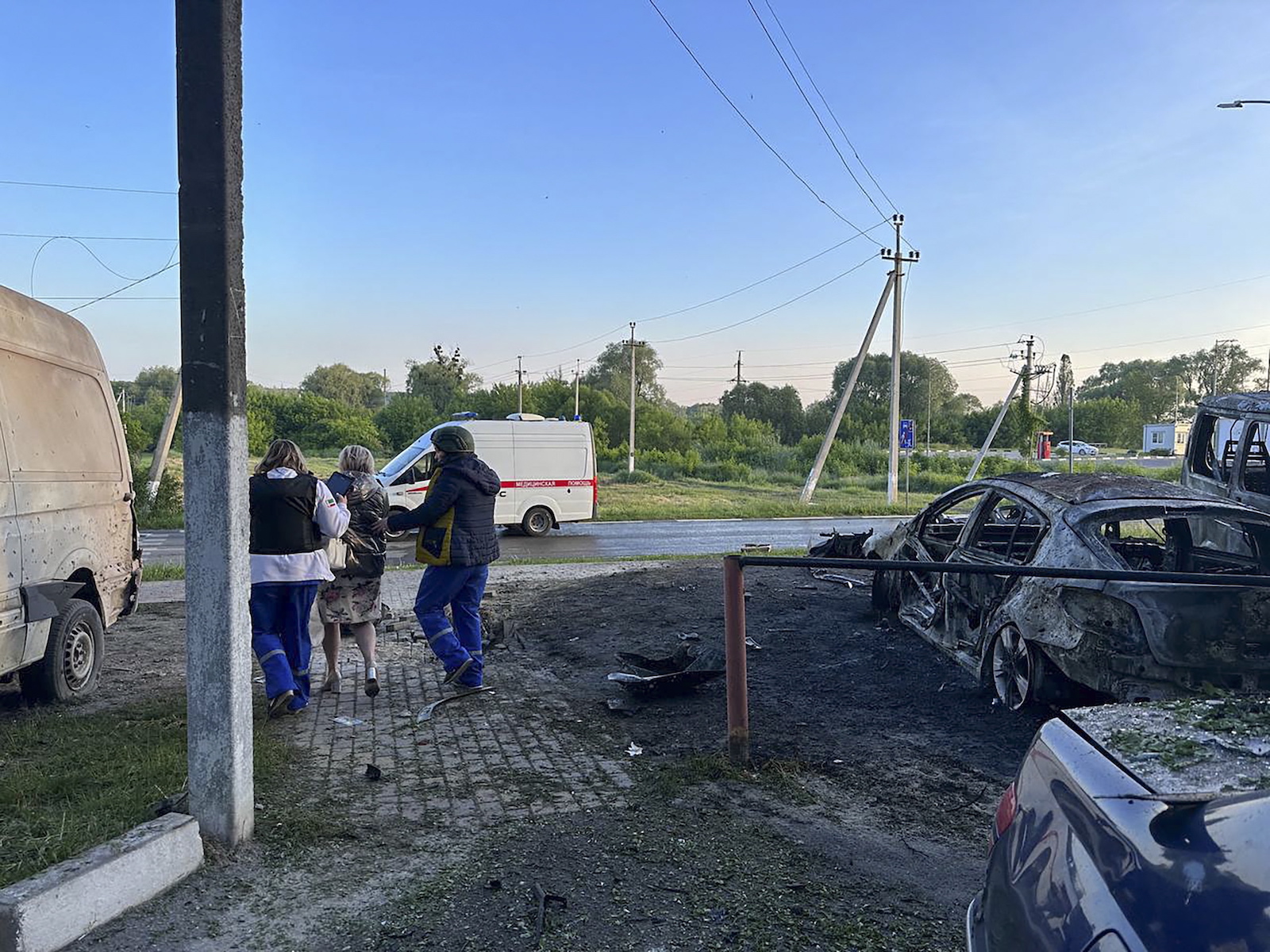 epa10664805 A handout photo made available by the Governor of Russia's Belgorod region Vyacheslav Gladkov on his Telegram channel shows the aftermath of Ukrainian shelling in the border town of Shebekino, Belgorod region, Russia, 31 May 2023. Gladkov said that the situation in Shebekino was deteriorating. Evacuation of children from the Shebekinsky and Grayvoronsky districts of the Belgorod region was set to begin on 31 May. The first group of 300 people will be sent to the city of Voronezh, the governor added.  EPA/GOVERNOR OF BELGOROD REGION/HANDOUT HANDOUT HANDOUT EDITORIAL USE ONLY/NO SALES HANDOUT EDITORIAL USE ONLY/NO SALES