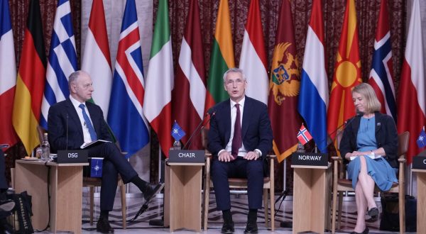 epa10666303 (L-R) NATO Deputy Secretary General Mircea Geoana, NATO Secretary General Jens Stoltenberg and Norway's Foreign Minister Anniken Huitfeldt during NATO's informal meeting of foreign ministers in Oslo, Norway, 01 June 2023.  EPA/Javad Parsa  NORWAY OUT