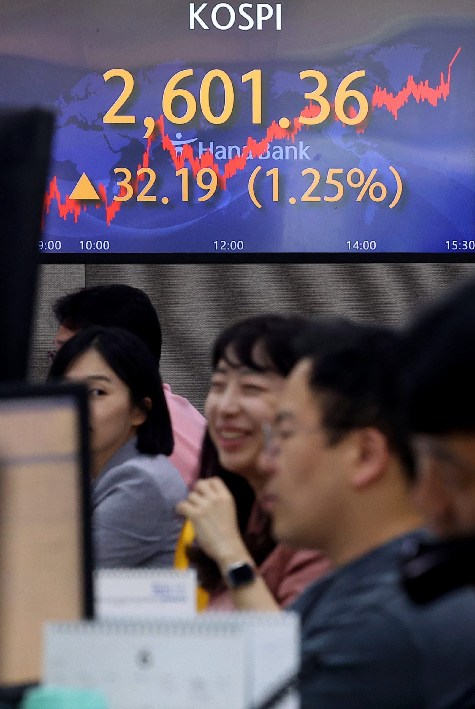 epa10668175 A screen in the dealing room of Hana Bank shows the benchmark Korea Composite Stock Price Index (KOSPI) having risen 32.19 points, or 1.25 percent, to close at 2,601.36, in Seoul, 02 June 2023. South Korean stocks closed at a one-year high, led by large-cap tech gains, on hopes the Federal Reserve will pause its aggressive monetary tightening and the United States' debt ceiling deal will pass.  EPA/YONHAP SOUTH KOREA OUT