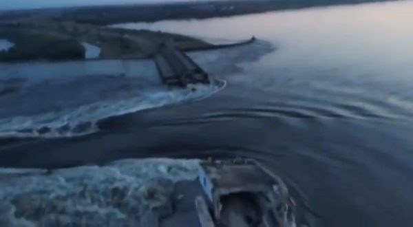 epa10675812 A still image taken from a handout video made available by the telegram account of the President of Ukraine, Volodymyr Zelensky on 06 June 2023 of water running through a breakthrough in the Kakhovka dam, in Kakhovka, Kherson region, southern Ukraine, amid the Russian invasion. Ukraine has accused Russian forces to have destroyed a critical dam and hydroelectric power plant on the Dnieper River along the front line in southern Ukraine on 06 June. A number of settlements were completely or partially flooded, Kherson region governor Oleksandr Prokudin said on telegram. Russian troops entered Ukraine on 24 February 2022 starting a conflict that has provoked destruction and a humanitarian crisis.  EPA/OFFICIAL CHANNEL PRESIDENT OF UKRAINE VOLODYMYR ZELENSKIY HANDOU -- MANDATORY CREDIT: OFFICIAL CHANNEL OF THE PRESIDENT OF UKRAINE VOLODYMYR ZELENSKIY -- BEST QUALITY AVAILABLE -- HANDOUT EDITORIAL USE ONLY/NO SALES