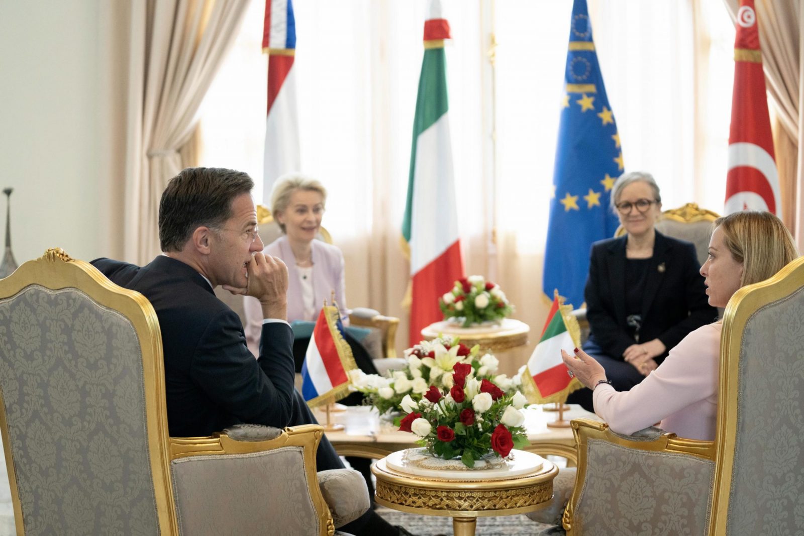 epa10684817 A handout picture made available by the Chigi Palace (Palazzo Chigi) Press Office shows (L-R clockwise) Netherlands' Prime Minister Mark Rutte, European Commission President Ursula von der Leyen, Tunisian Prime Minister Najla Bouden and Italy's Prime Minister Giorgia Meloni during a joint meeting in Carthage, outside Tunis, Tunisia, 11 June 2023. The EU leaders are visiting Tunisia, where they are expected to hold talks with the Tunisian president.  EPA/FILIPPO ATTILI/CHIGI PALACE PRESS OFFICE HANDOUT  HANDOUT EDITORIAL USE ONLY/NO SALES
