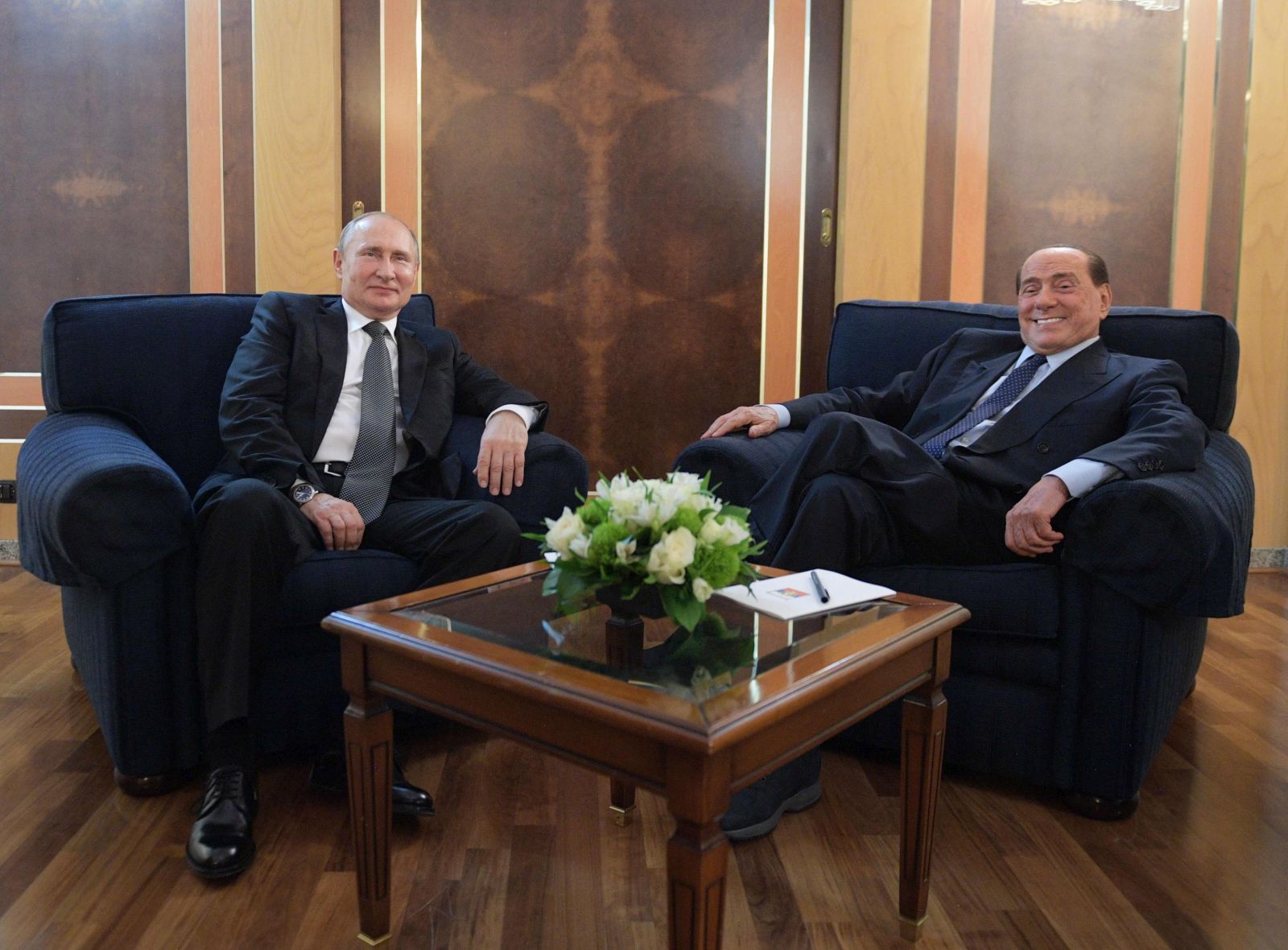 epa10686719 (FILE) - Russian President Vladimir Putin (L) meets with former Italian prime minister and head of the Forza Italia party Silvio Berlusconi (R), prior to his departure at an airport in Rome, Italy, late 04 July 2019 (reissued 12 June 2023). Silvio Berlusconi has died at the age of 86 on 12 June 2023 at San Raffaele hospital in Milan, where he was hospitalized again since last 09 June, sources close to his family told ANSA. The Italian media tycoon and Forza Italia (FI) party founder served as prime minister of Italy in four governments.  EPA/ALEXEI DRUZHININ / SPUTNIK / KREMLIN POOL MANDATORY CREDIT