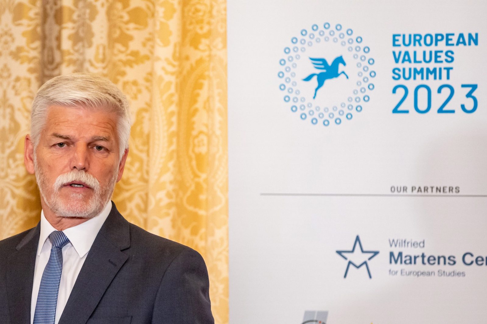 epa10689900 Czech President Petr Pavel delivers a speech at the European Values Summit 2023 in Prague, Czech Republic, 14 June 2023.  EPA/MARTIN DIVISEK