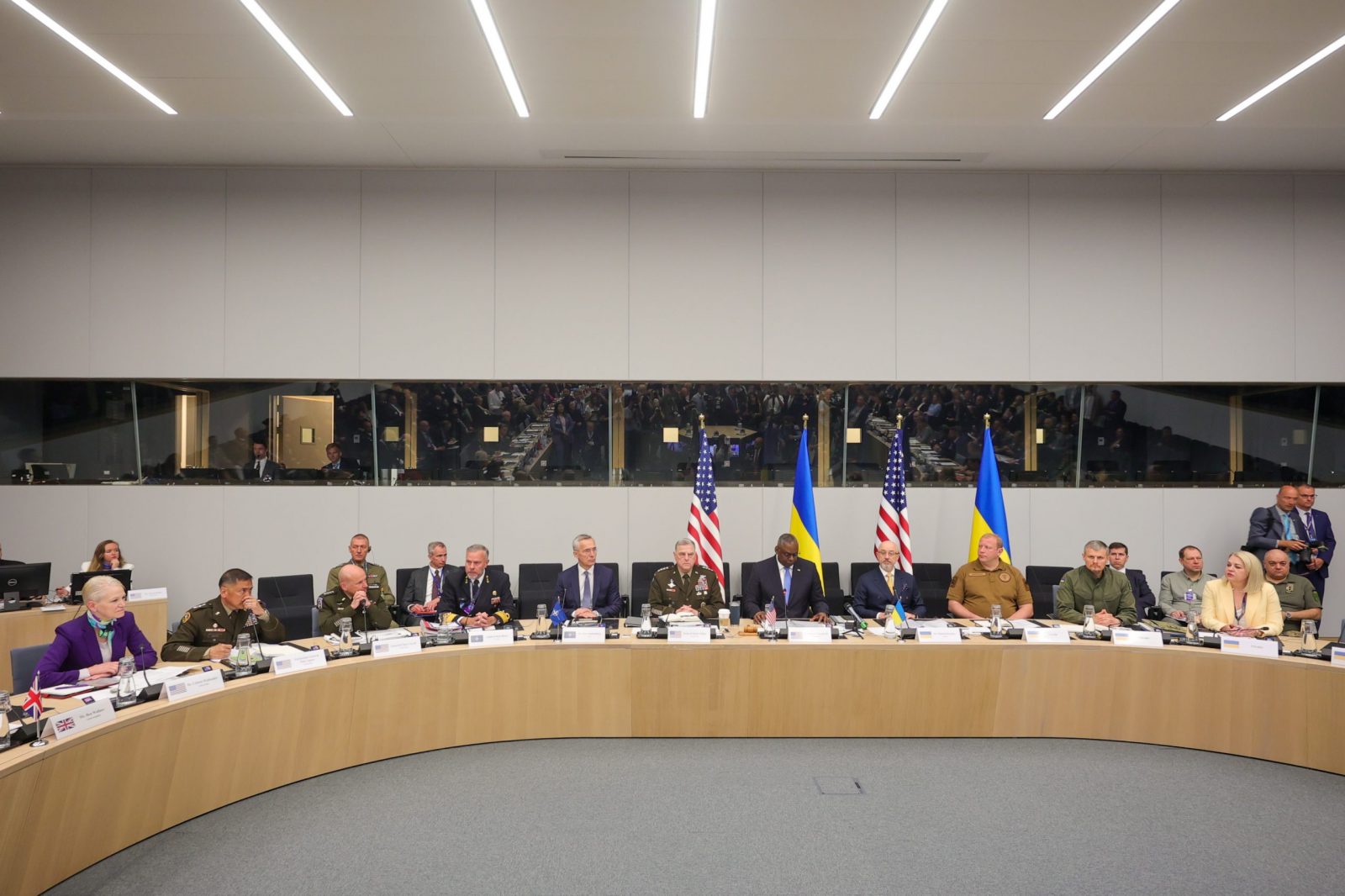 epa10691905 A general view shows the meeting of the Ukraine Defense Contact Group room during the NATO Defense Ministers Council at the North Atlantic Treaty Organization (NATO) headquarters in Brussels, 15 June 2023. NATO defence ministers meet for two days to discuss their support for Ukraine and ways to strengthen the defence of the alliance's eastern flank bordering Russia. The meeting of the Ukraine Contact Group is held to increase the military help for Ukraine.  EPA/OLIVIER MATTHYS