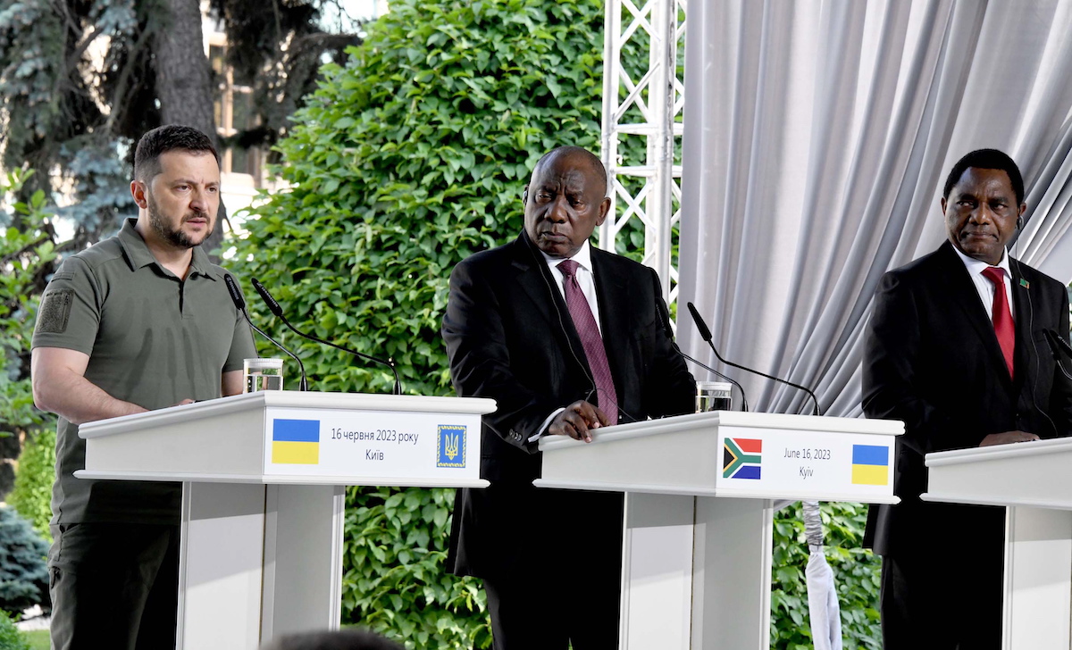 epa10696283 A handout photo made available by South Africa's Government Communication and Information System (GCIS) shows (L-R) Ukraineâ€™s President Volodymyr Zelensky, South Africaâ€™s President Cyril Ramaphosa and Zambiaâ€™s President Hakainde Hichilema addressing a press conference in Kyiv, Ukraine, 16 June 2023 (issued 17 June 2023).  EPA/GCIS SOUTH AFRICA HANDOUT -- MANDATORY CREDIT: South African Government Communication and Information System (GCIS) --  HANDOUT EDITORIAL USE ONLY/NO SALES HANDOUT EDITORIAL USE ONLY/NO SALES
