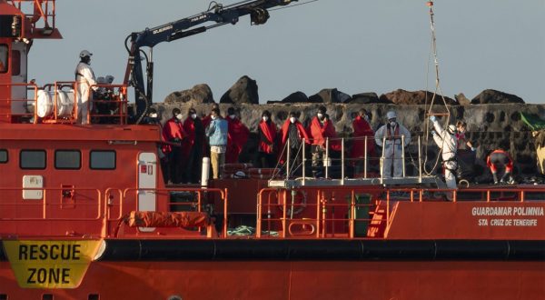 epa10705236 A group of 54 migrants arrive to Arrecife port in Lanzarote, Canary Islands, Spain, 22 June 2023, after they were rescued at sea as they were trying to reach the Spanish coast.  EPA/Adriel Perdomo