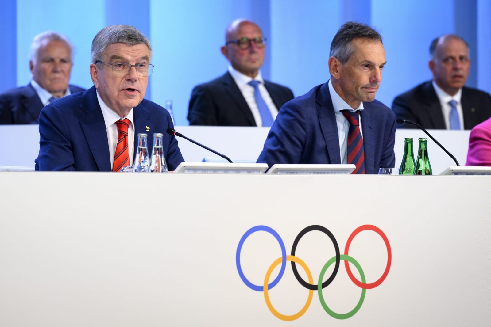 epa10705472 International Olympic Committee (IOC) President Thomas Bach (L) speaks next to IOC Director General Christophe de Kepper during the 140th IOC Session at the Olympic House, in Lausanne, Switzerland, 22 June 2023.  EPA/LAURENT GILLIERON