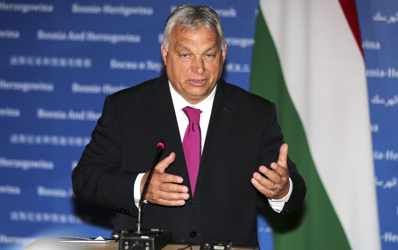 epa10705545 Hungarian Prime Minister Viktor Orban gestures as he speaks during a joint press conference with Bosnia and Herzegovina's Council of Ministers Chairwoman Borjana Kristo (not pictured) following their meeting Sarajevo, Bosnia and Herzegovina, 22 June 2023.  EPA/FEHIM DEMIR