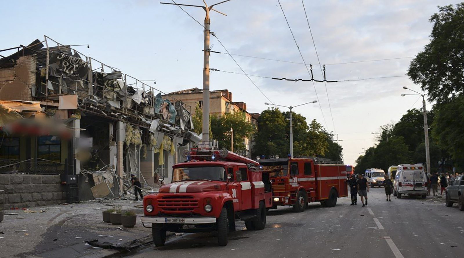 epa10714321 A handout picture made available by the National Police press service shows Ukrainian rescuers work on the site of a rocket hit in downtown Kramatorsk, Donetsk area, Ukraine, 27 June 2023 amid the Russian invasion. According the National Police report, two S300 rockets hit Kramatorsk, at least two people died and 22 others were injured. Russian troops entered Ukrainian territory in February 2022, starting a conflict that has provoked destruction and a humanitarian crisis.  EPA/National police of Ukraine / HANDOUT HANDOUT  HANDOUT EDITORIAL USE ONLY/NO SALES