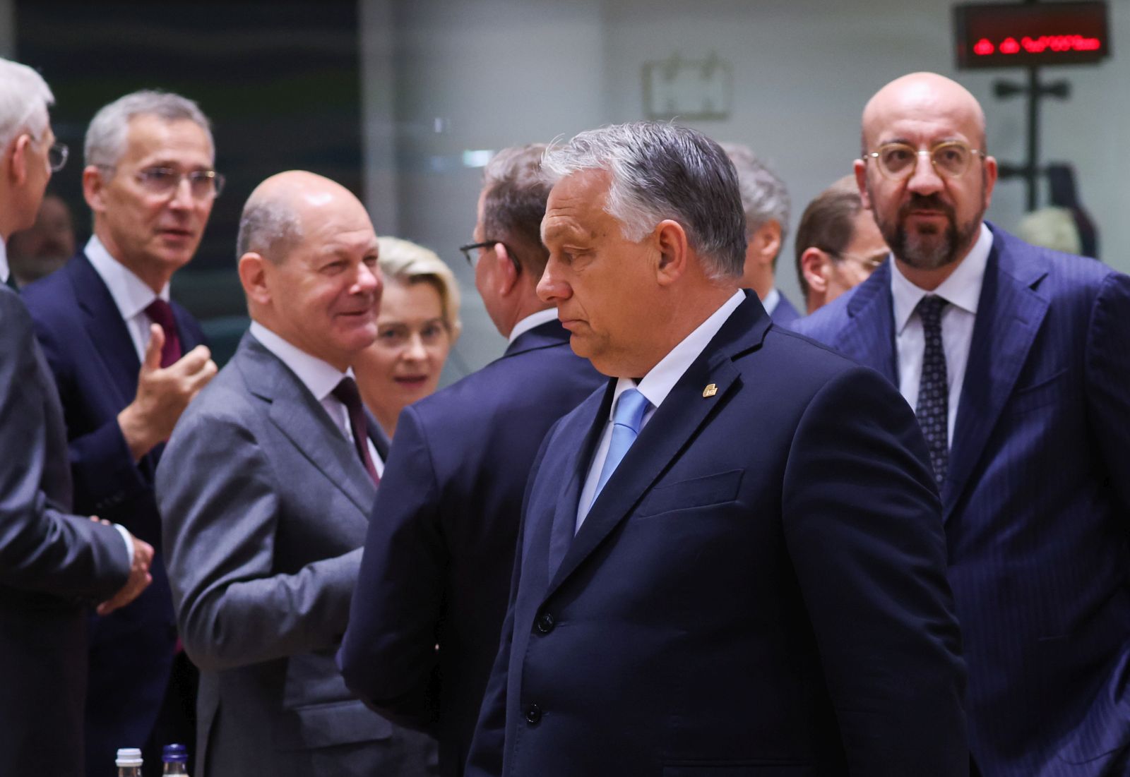 epa10717281 Hungarian Prime Minister Viktor Orban is passing in front of Nato Secretary General Jens Stoltenberg , German Federal Chancellor Olaf Scholz, European Council President Charles Michel during a European Council in Brussels, Belgium, 29 June 2023. EU leaders are gathering in Brussels for a two-day summit to discuss the latest developments in relation to Russia's invasion of Ukraine and continued EU support for Ukraine as well as the block's economy, security, migration and external relations, among other topics.  EPA/OLIVIER HOSLET