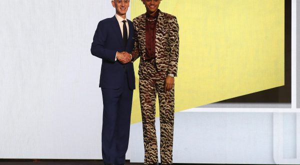 Jun 22, 2023; Brooklyn, NY, USA; Keyonte George (Baylor) with NBA commissioner Adam Silver after being selected sixteenth by the Utah Jazz in the first round of the 2023 NBA Draft at Barclays Arena. Mandatory Credit: Wendell Cruz-USA TODAY Sports Photo: Wendell Cruz/REUTERS