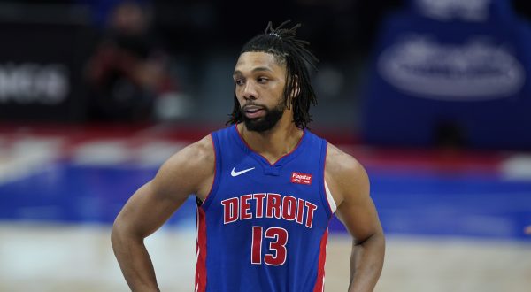 Detroit Pistons center Jahlil Okafor plays during the first half of an NBA basketball game, Sunday, May 9, 2021, in Detroit. (AP Photo/Carlos Osorio)