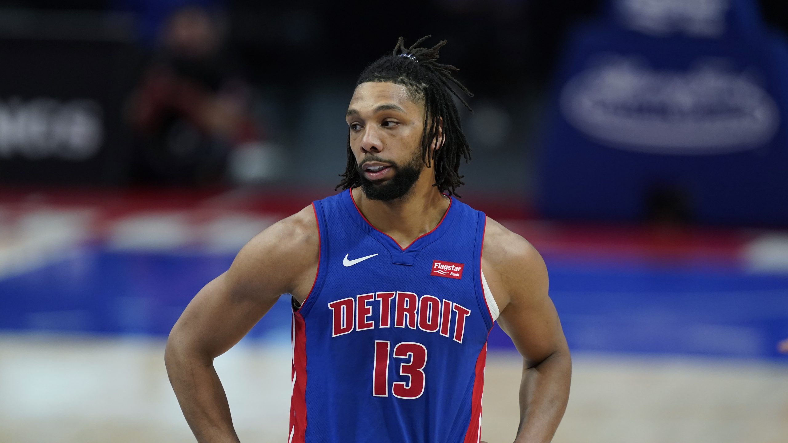 Detroit Pistons center Jahlil Okafor plays during the first half of an NBA basketball game, Sunday, May 9, 2021, in Detroit. (AP Photo/Carlos Osorio)