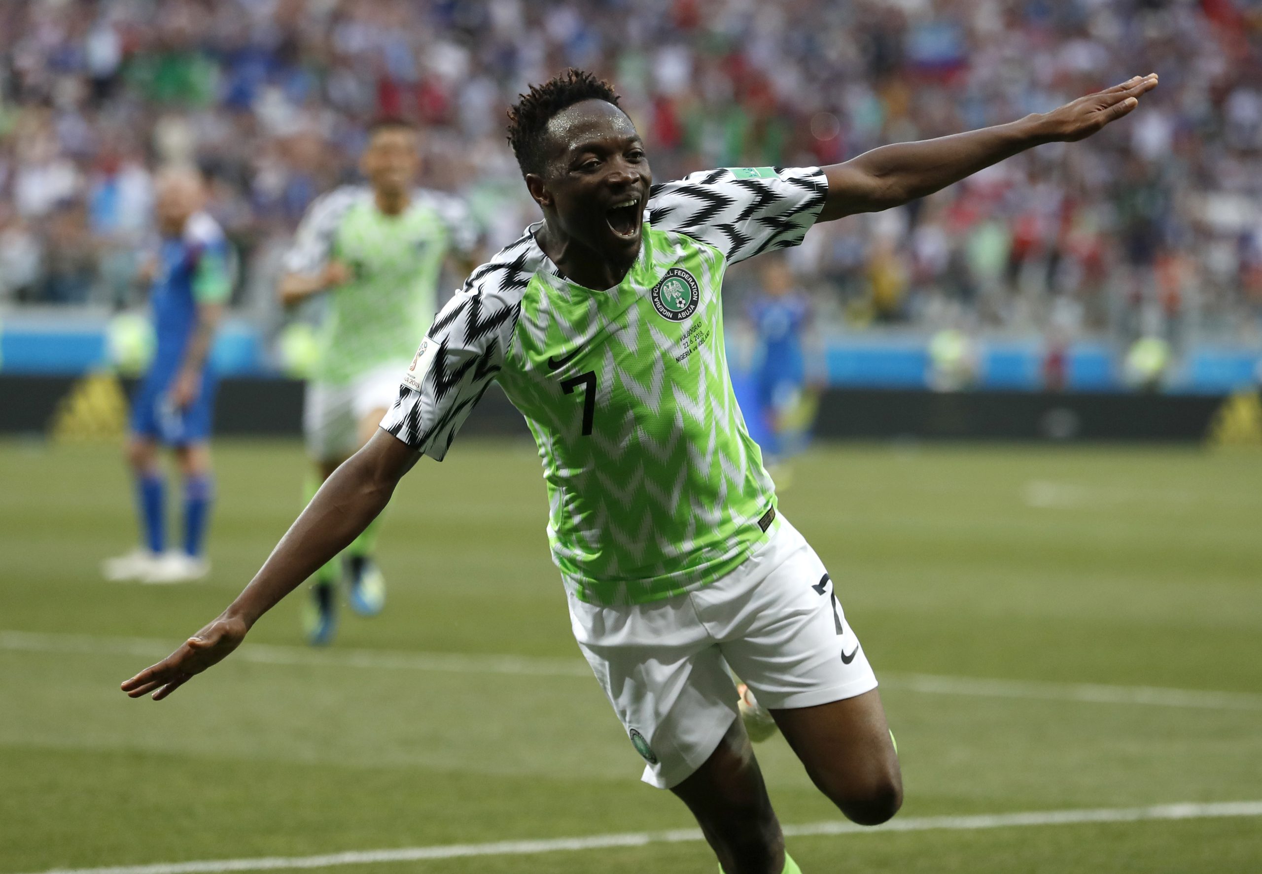 FILE - Nigeria's and former Leicester player Ahmed Musa celebrates after scoring his team's second goal during the group D match between Nigeria and Iceland at the 2018 soccer World Cup in the Volgograd Arena in Volgograd, Russia, Friday, June 22, 2018. Cristian Ronaldo’s Saudi Arabian club Al Nassr will have its FIFA ban on registering new players lifted when it settles a debt with Leicester. (AP Photo/Darko Vojinovic, File)