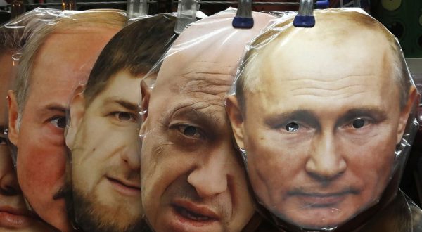 epa10674462 Face masks depicting (from-R) Russian President Vladimir Putin, owner of PMC (Private Military Company) Wagner Yeugeny Prigozhin, Chechen's regional leader Ramzan Kadyrov and Belarusian President Alexander Lukashenko are displayed for sale at a souvenir market in central St. Petersburg, Russia, 05 June 2023. On 24 February 2022 Russian troops entered the Ukrainian territory in what the Russian president declared a 'Special Military Operation', starting an armed conflict that has provoked destruction and a humanitarian crisis.  EPA/ANATOLY MALTSEV