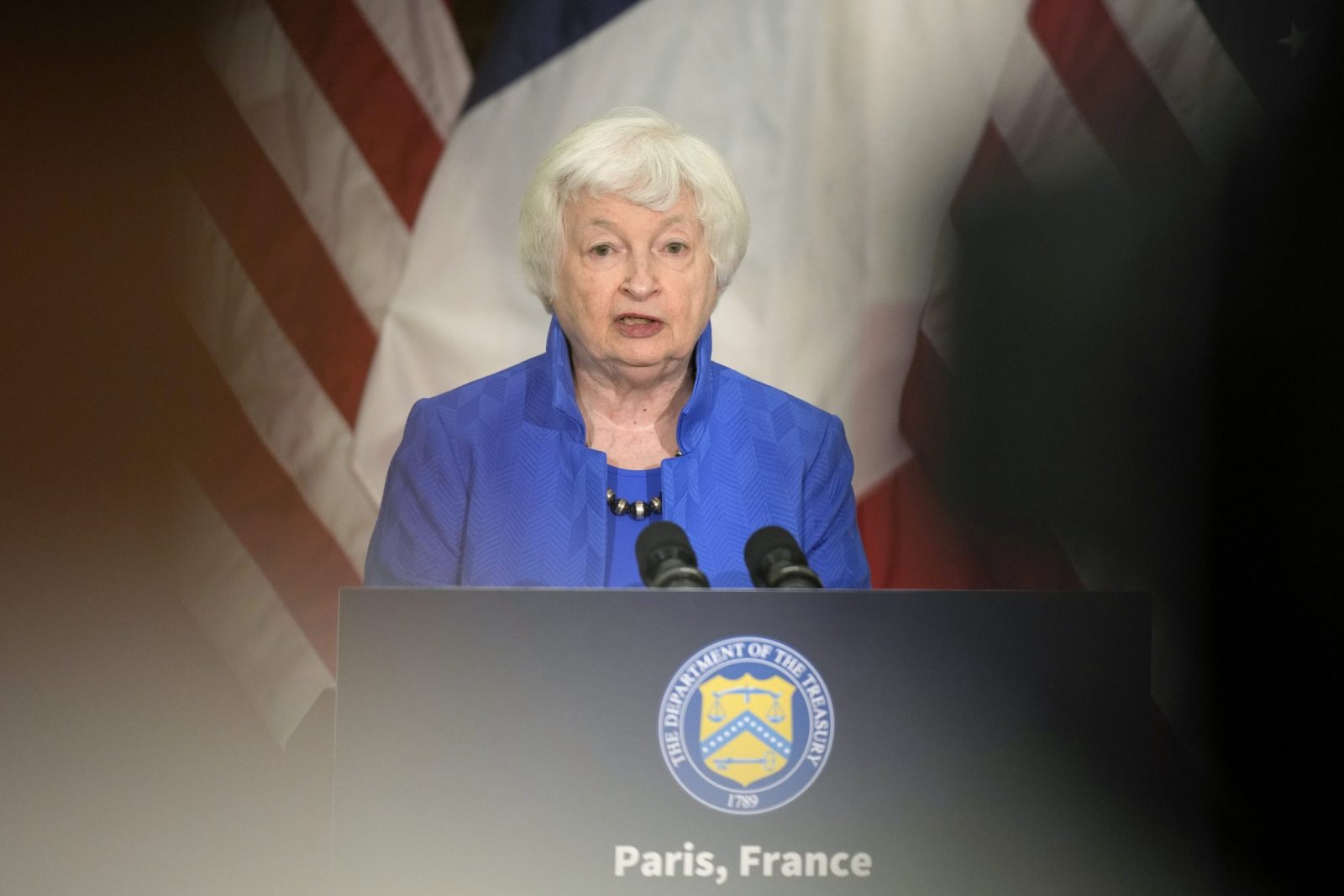epa10705135 US Treasury Secretary Janet Yellen delivers her speech at the US embassy to France, ahead of the Global Climate Finance conference in Paris, France 22 June 2023. World leaders, heads of international organizations and activists are gathering in Paris for a two-day summit aimed at seeking better responses to tackle poverty and climate change issues by reshaping the global financial system.  EPA/Lewis Joly / POOL MAXPPP OUT