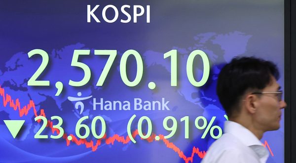 epa10707580 An electronic signboard in the dealing room of Hana Bank in Seoul, South Korea, 23 June 2023, shows the benchmark Korea Composite Stock Price Index having dropped 23.60 points, or 0.91 percent, to close at 2,570.10. South Korean stocks closed lower, dampened by the bigger-than-expected interest rate hike by the Bank of England and U.S. Federal Reserve Chairman Jerome Powell's hawkish remarks backing more rate hikes.  EPA/YONHAP SOUTH KOREA OUT