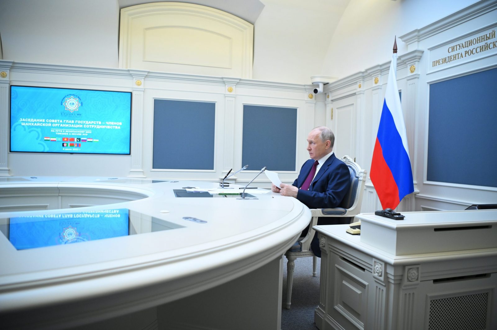 epa10725326 Russian President Vladimir Putin attends a meeting of the Shanghai Cooperation Organisation (SCO) Heads of State Council via a video conference at the Kremlin in Moscow, Russia, 04 July 2023. Putin welcomed Iran's entry into the SCO and urged for a speedy completion of the process of the Republic of Belarus joining.  EPA/ALEXANDER KOZAKOV/SPUTNIK/KREMLIN POOL / POOL MANDATORY CREDIT