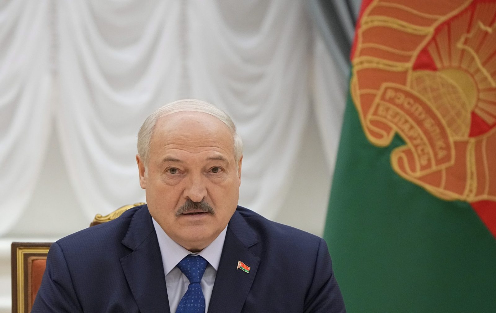 epa10729532 Belarusian President Alexander Lukashenko attends a meeting with foreign journalists, in Minsk, Belarus, 06 July 2023. 'Nuclear weapons deployment sites were completely ready a month ago. Most of them were moved and are in Belarus. By the end of the year, for sure, but I think we will completely move the warheads that are intended for this much earlier', Lukashenko said on 06 July at a meeting with foreign and Belarusian journalists in Minsk. The Belarusian president also said he was ready to use Wagner PMC in the republic, and stated that the issue of relocation of Wagner PMC to Belarus has not yet been resolved.  EPA/STRINGER