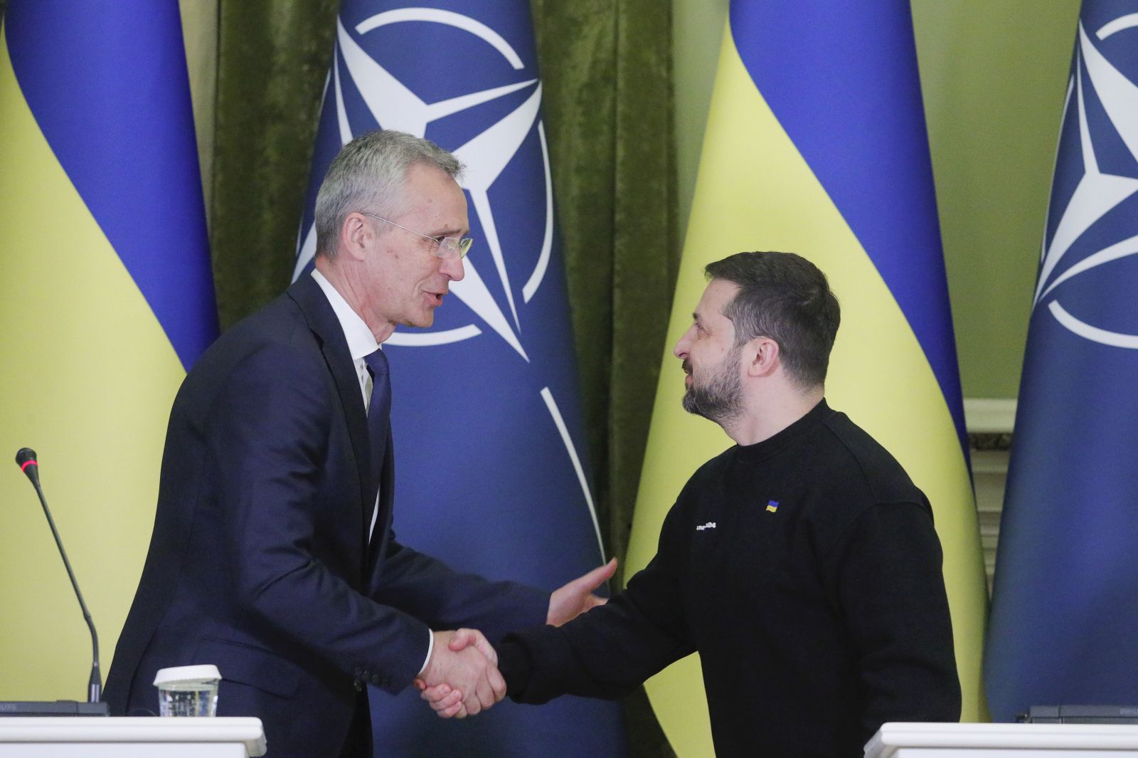 epa10731563 (FILE) - President of Ukraine Volodymyr Zelensky (R) and NATO Secretary General Jens Stoltenberg (L) shake hands during a joint press conference following their meeting in Kyiv (Kiev), Ukraine, 20 April 2023. Stoltenberg's visit to Kyiv was not announced. It is the first time the NATO chief visits Ukraine since Russia began its full-scale invasion of the country in February 2022.  EPA/SERGEY DOLZHENKO