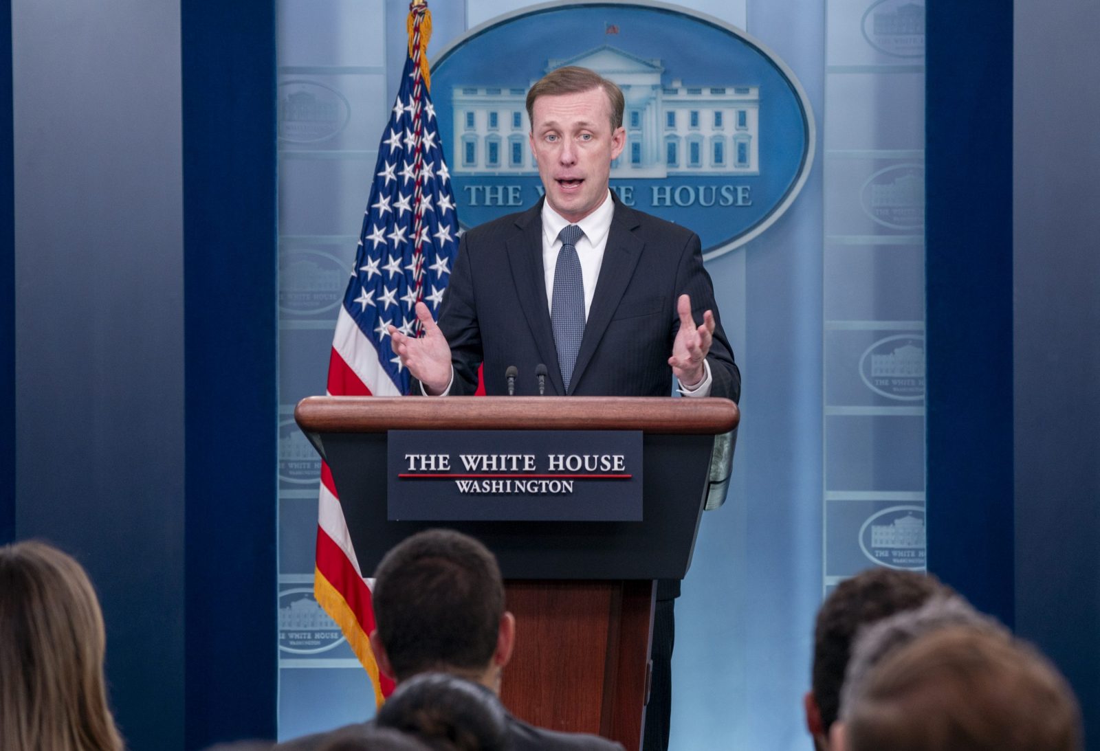 epa10732999 National Security Advisor Jake Sullivan responds to a question from the news media during the daily press briefing at the White House in Washington, DC, USA, 07 July 2023. Sullivan responded to several questions on US cluster munitions being transferred to Ukraine to be used in its war against Russia.  EPA/SHAWN THEW
