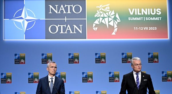 epa10737375 NATO â€‹Secretary General Jens Stoltenberg (L) and Lithuanian President Gitanas Nauseda address a joint press conference about the NATO â€‹summit in Vilnius, Lithuania, 10 July 2023. The NATO Summit will take place in Vilnius on 11 and 12 July 2023 with the alliance's leaders expected to adopt new defense plans.  EPA/FILIP SINGER