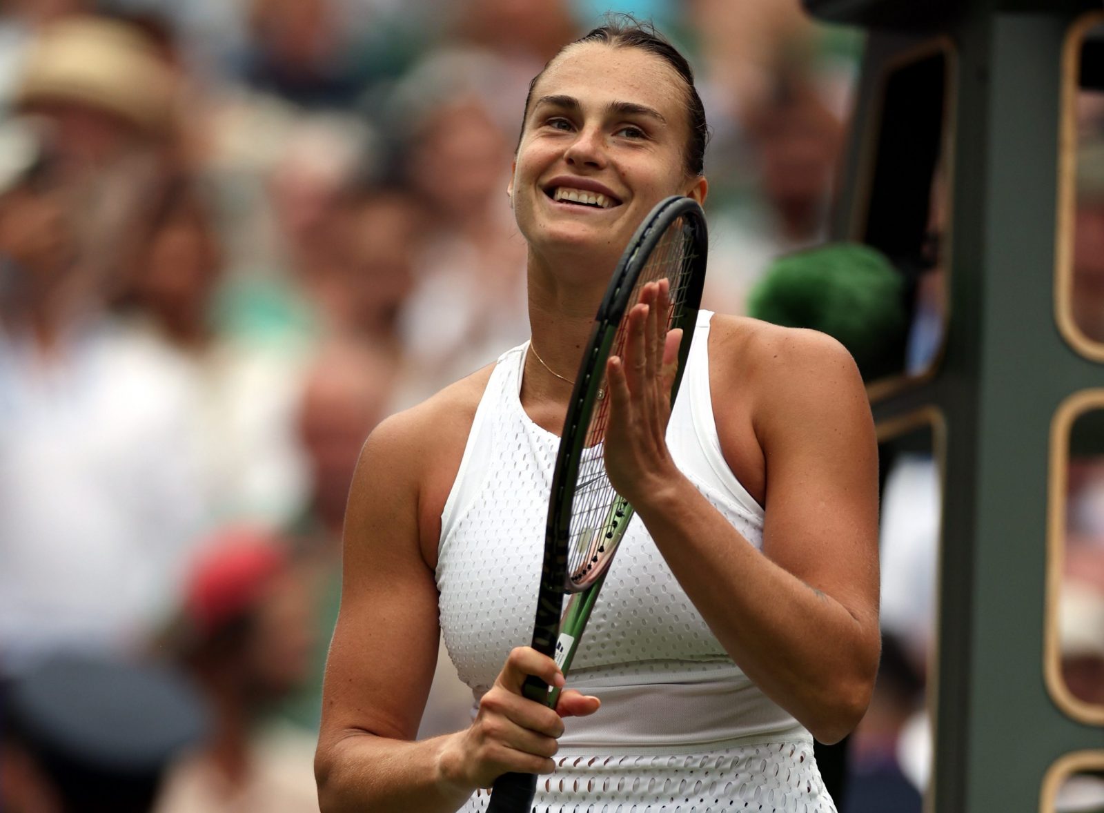 epa10738045 Aryna Sabalenka of Belarus reacts after winning against Ekaterina Alexandrova or Russia in their Women's Singles 4th round match at the Wimbledon Championships, Wimbledon, Britain, 10 July 2023.  EPA/ISABEL INFANTES   EDITORIAL USE ONLY