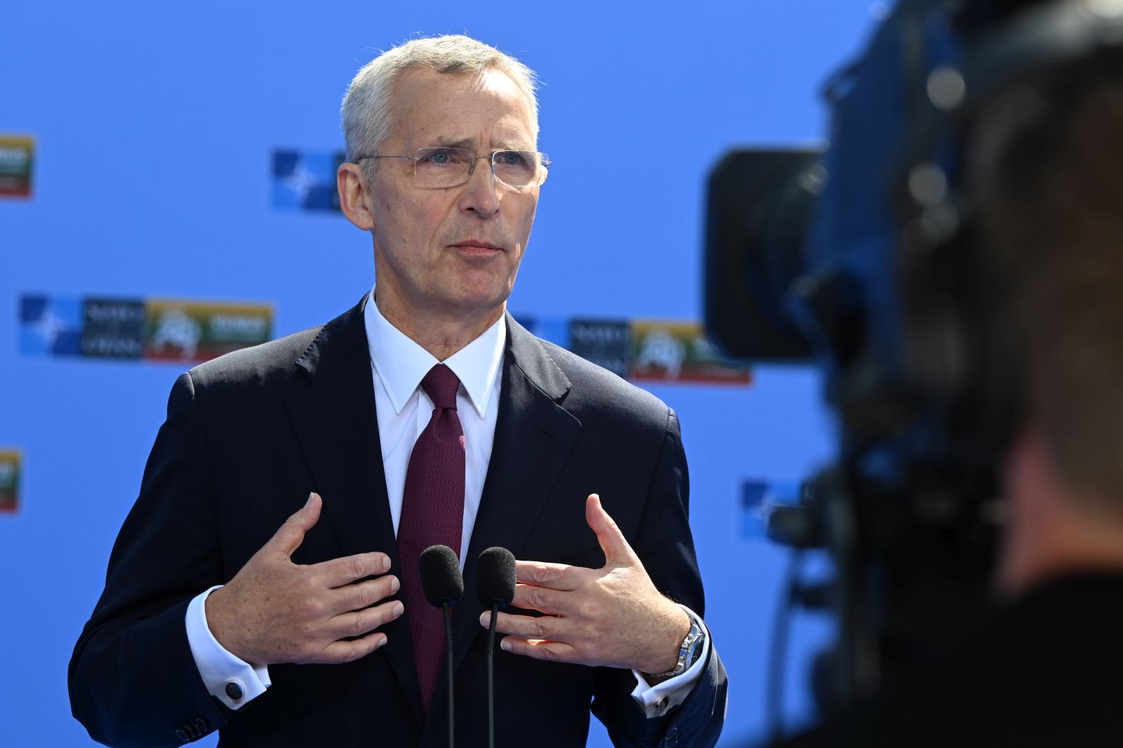 epa10738887 NATO Secretary General Jens Stoltenberg speaks to the media as he arrives at the NATO summit in Vilnius, Lithuania, 11 July 2023. The North Atlantic Treaty Organization (NATO) Summit will take place in Vilnius on 11 and 12 July 2023 with the alliance's leaders expected to adopt new defence plans.  EPA/FILIP SINGER