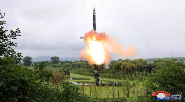 epa10742747 A photo released by the official North Korean Central News Agency (KCNA) shows the test-firing of a Hwasong-18 solid-fuel intercontinental ballistic missile (ICBM), at an undisclosed location in North Korea, 12 July 2023 (issued 13 July 2023). According to KCNA, the missile travelled at a maximum altitude of 6,648.4 kilometres and flew a distance of 1,001.2 kilometres for 4,491 seconds before landing in the open waters off the East Sea of Korea.  EPA/KCNA   EDITORIAL USE ONLY