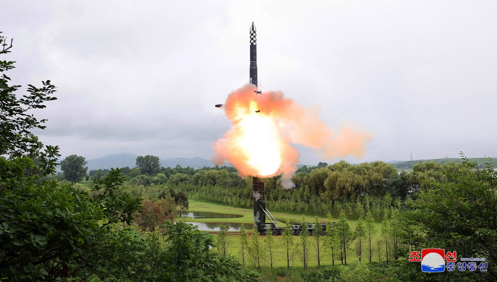 epa10742747 A photo released by the official North Korean Central News Agency (KCNA) shows the test-firing of a Hwasong-18 solid-fuel intercontinental ballistic missile (ICBM), at an undisclosed location in North Korea, 12 July 2023 (issued 13 July 2023). According to KCNA, the missile travelled at a maximum altitude of 6,648.4 kilometres and flew a distance of 1,001.2 kilometres for 4,491 seconds before landing in the open waters off the East Sea of Korea.  EPA/KCNA   EDITORIAL USE ONLY