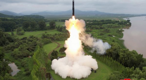 epaselect epa10742749 A photo released by the official North Korean Central News Agency (KCNA) shows the test-firing of a Hwasong-18 solid-fuel intercontinental ballistic missile (ICBM), at an undisclosed location in North Korea, 12 July 2023 (issued 13 July 2023). According to KCNA, the missile travelled at a maximum altitude of 6,648.4 kilometres and flew a distance of 1,001.2 kilometres for 4,491 seconds before landing in the open waters off the East Sea of Korea.  EPA/KCNA   EDITORIAL USE ONLY
