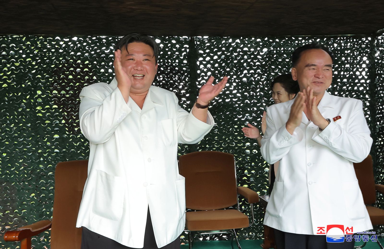 epa10742748 A photo released by the official North Korean Central News Agency (KCNA) shows North Korean leader Kim Jong Un (L) and Jo Yong-won (R), secretary for organizational affairs of the central committee of the Workers' Party, attending the test-firing of a Hwasong-18 solid-fuel intercontinental ballistic missile (ICBM), at an undisclosed location in North Korea, 12 July 2023 (issued 13 July 2023). According to KCNA, the missile travelled at a maximum altitude of 6,648.4 kilometres and flew a distance of 1,001.2 kilometres for 4,491 seconds before landing in the open waters off the East Sea of Korea.  EPA/KCNA   EDITORIAL USE ONLY
