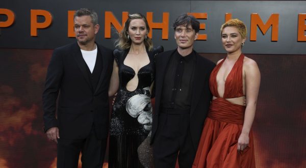 epa10744254 (L-R) Cast members Matt Damon, Emily Blunt, Cillian Murphy and Florence Pugh on the red carpet for the UK premiere of Oppenheimer in central London, Britain, 13 May 2023. The film will be released in cinemas on the 21 July 2023.  EPA/ANDY RAIN