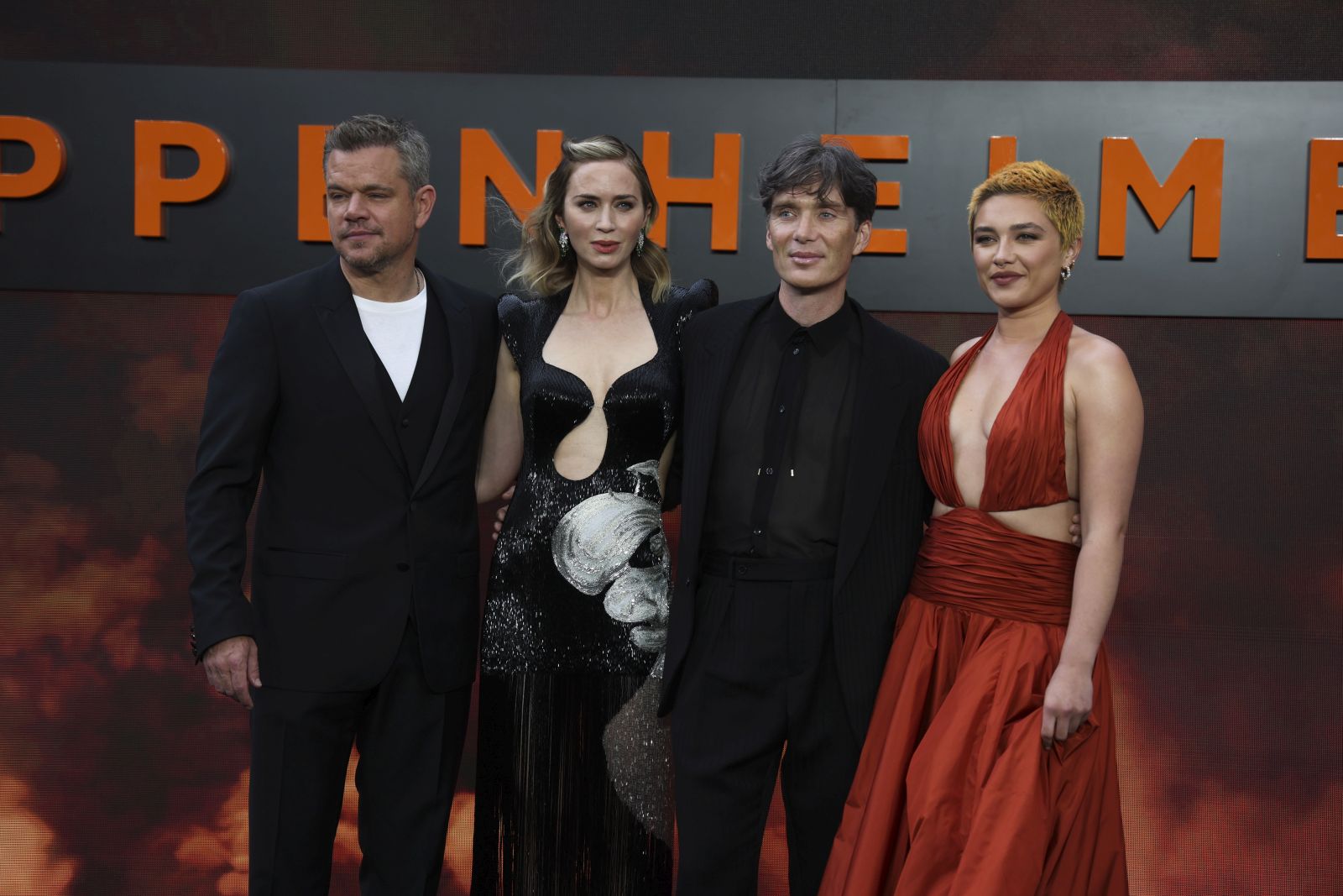 epa10744254 (L-R) Cast members Matt Damon, Emily Blunt, Cillian Murphy and Florence Pugh on the red carpet for the UK premiere of Oppenheimer in central London, Britain, 13 May 2023. The film will be released in cinemas on the 21 July 2023.  EPA/ANDY RAIN