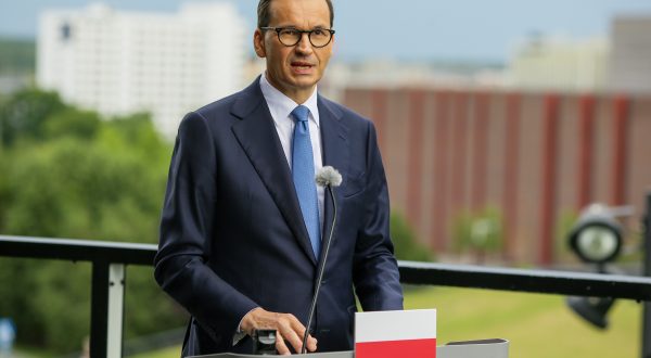 epa10758232 Polish Prime Minister Mateusz Morawiecki addresses a joint press conference with Czech Prime Minister Petr Fiala (not pictured) after a meeting at the International Congress Center in Katowice, Poland, 20 July 2023. Polish-Czech intergovernmental consultations are underway in Katowice.  EPA/Zbigniew Meissner POLAND OUT